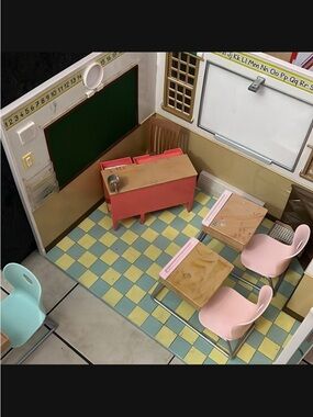 Kids Classroom Playset Doll Furniture - Pink & Mint School Desk Set